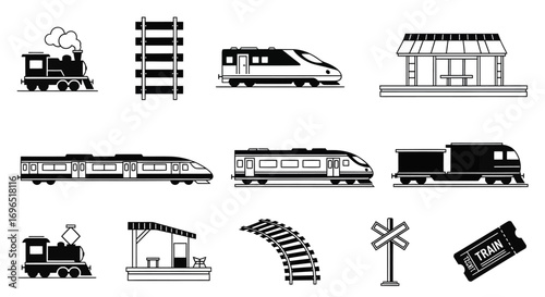 Collection of black and white train icons, including locomotives, train cars, tracks, stations, and tickets.