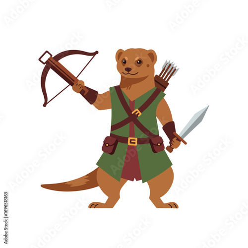 A cartoon weasellike creature dressed as a warrior holds a crossbow and sword