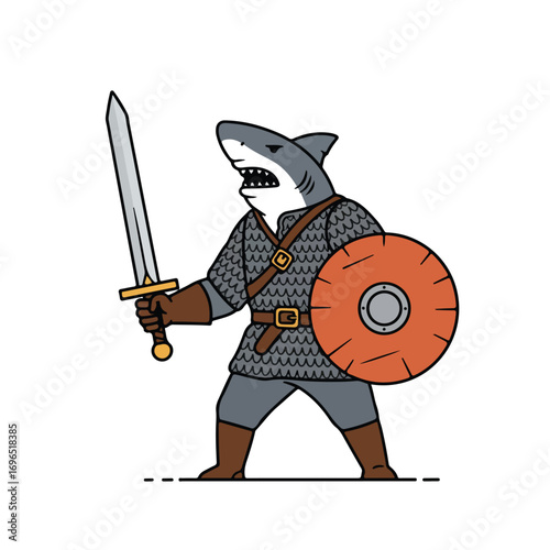 A cartoon shark warrior wielding a sword and shield clad in armor and posed on a white background