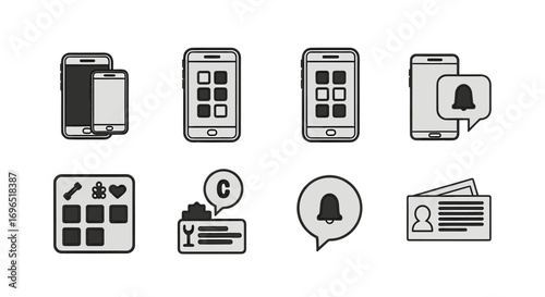 A collection of monochrome vector icons representing mobile phones, applications, notifications, and digital identity cards.