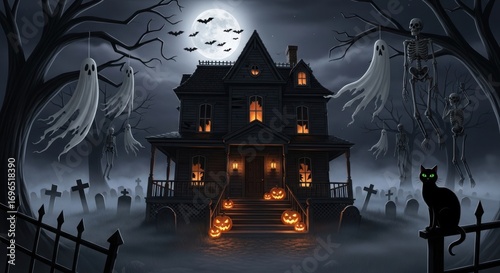 Spooky haunted house with ghosts pumpkins and a black cat at Halloween