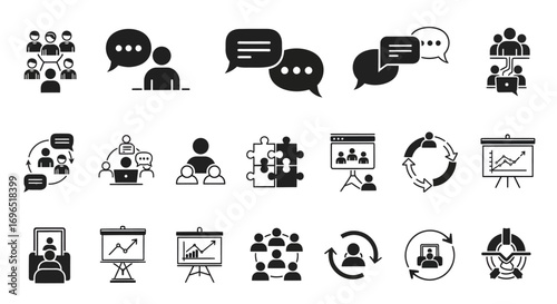 Collection of various business and communication icons, representing teamwork and presentations.
