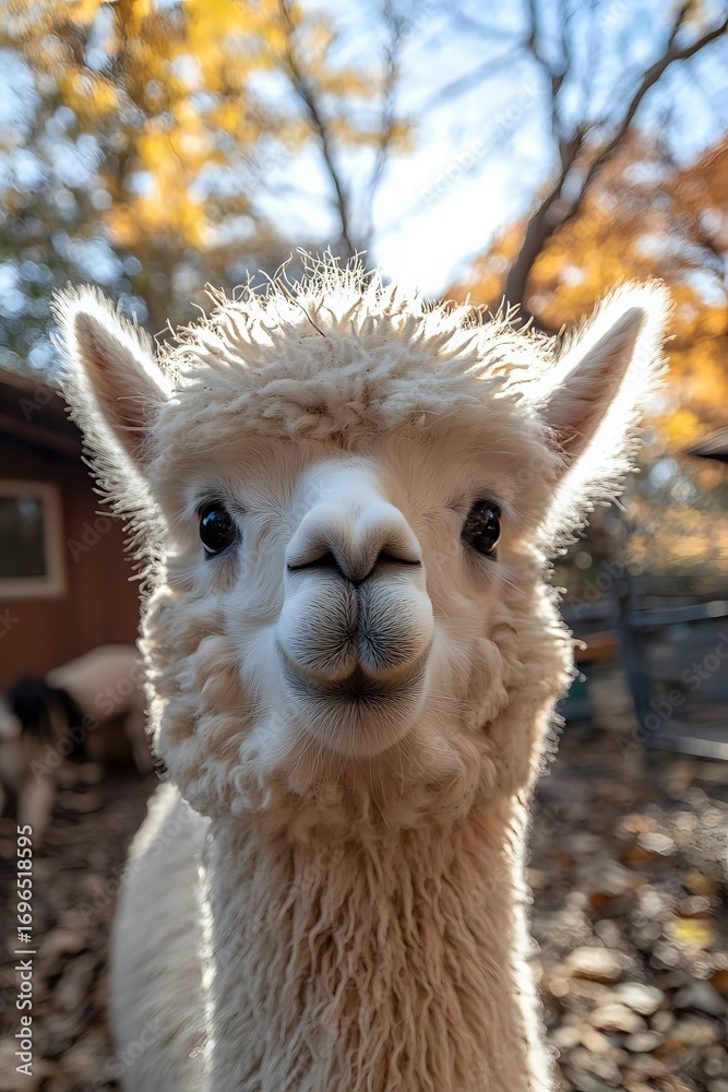 Obraz premium Close up portrait of white alpaca with fluffy fur looking directly at camera against autumn background with golden bokeh lights and blurred trees.
