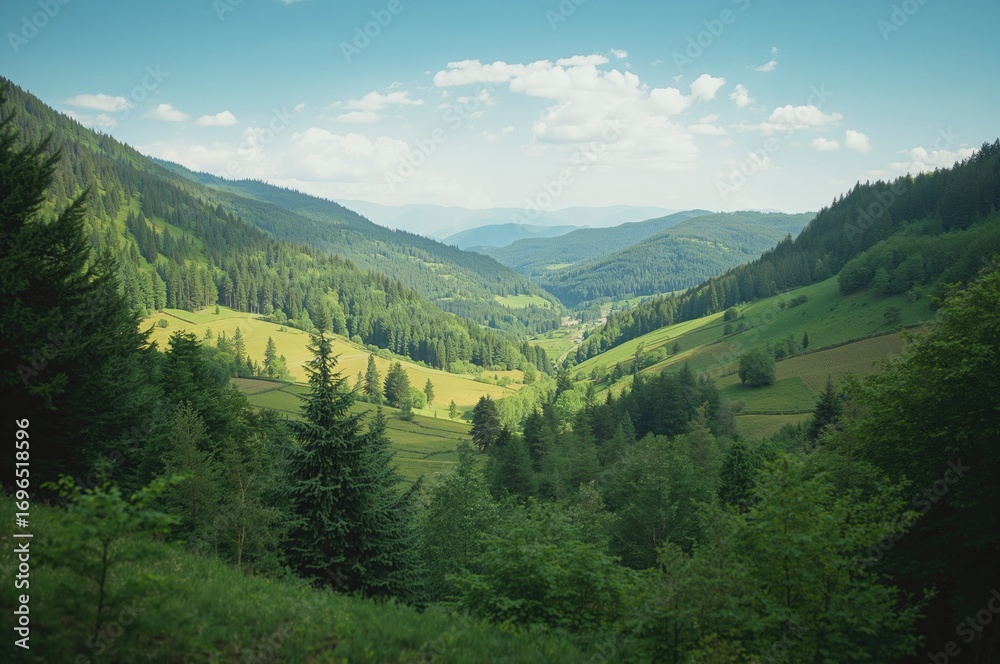 Fototapeta premium Attractive minimalist illustration of a natural scenery featuring a valley and pine woods for eco-tourism