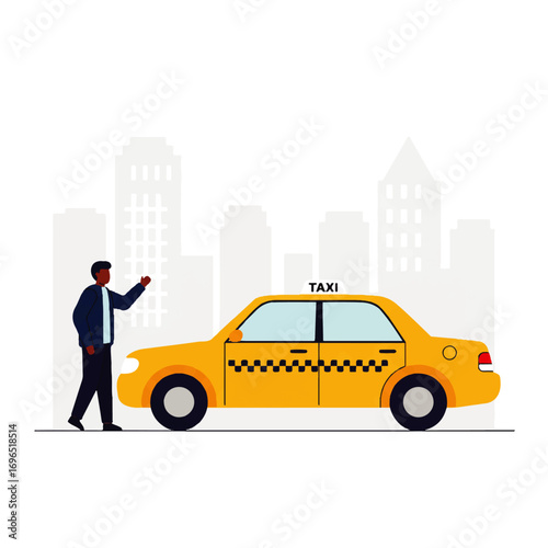 Illustration of a man hailing a yellow taxi cab in a city with skyscrapers in the background.
