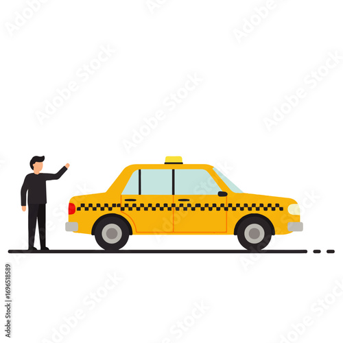 A man hails a yellow taxi cab with a checkered pattern on a white background.