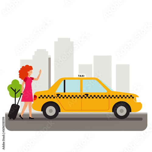 A woman with red hair hailing a yellow taxi cab in a city setting, carrying luggage.