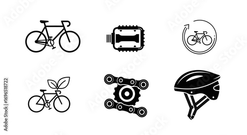 Bicycle icons: bike, pedal, chain, helmet, eco-friendly transport.