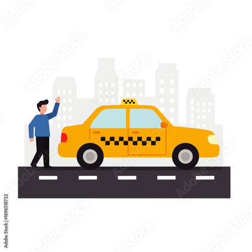 A man waves to hail a yellow taxi cab on a city street with buildings in the background.