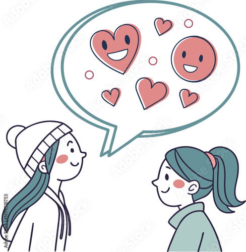 Two stylized characters expressing love and affection through a thought bubble filled with emoticons and hearts. transparent background