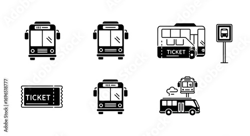Set of black and white bus icons, including bus, bus stop, ticket, and bus interior.