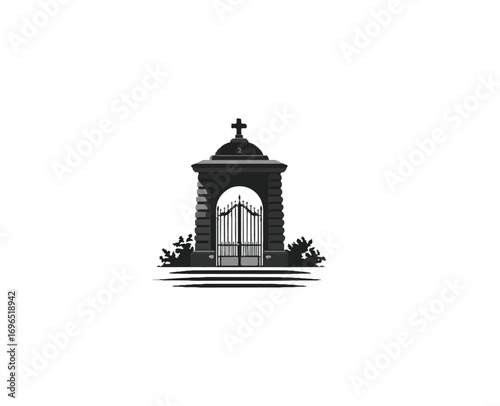 Elegant grayscale cemetery entrance with ornate iron gates and stone pillars on a clean white background