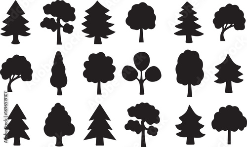 A set of black vector silhouettes of various deciduous and pine trees, perfect for nature and forest-themed designs