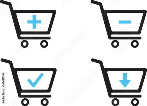 Set of shopping cart icons representing adding, removing, selecting, and downloading items