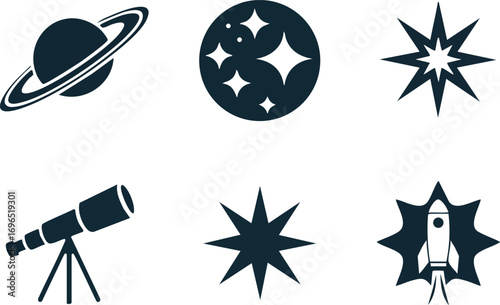 Set of space icons with planet, stars, telescope, and rocket