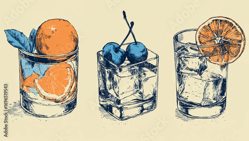 Elegant Hand Drawn Cocktail Illustration with Oranges and Cherries creating a Refreshing and Festive Mood