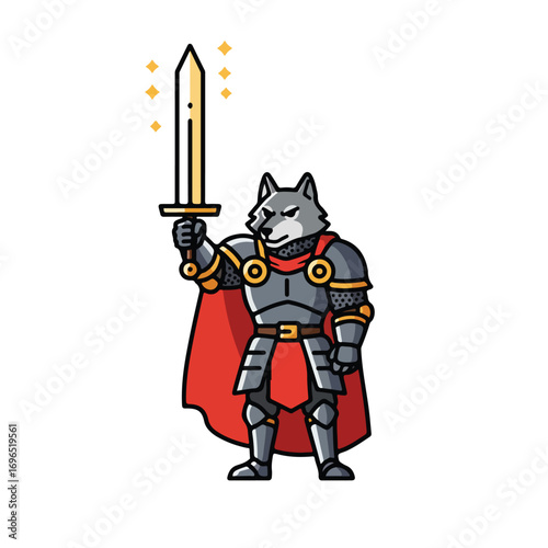 A cartoon wolf in medieval armor holds a golden sword aloft with diamondshaped sparkles