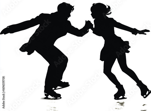 Elegant ice skating duo in silhouette performing intricate dance moves together with grace and athleticism on ice