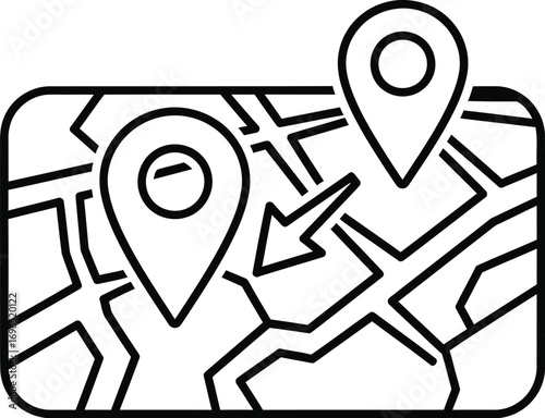Navigation pins on a stylized map with route arrow, representing travel and location planning.
