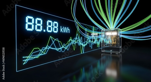 Energy consumption data visualization with battery and digital display isolated on black background, illustrating power usage and efficiency