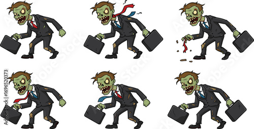 Cartoon zombie businessman character in suit, walking dead office worker animation, corporate undead illustration, funny horror concept, vector design