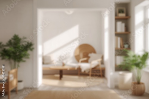 Out-of-focus interior scene featuring a peaceful reading corner with modern minimalist decor and a bright, comfortable ambiance promoting relaxation