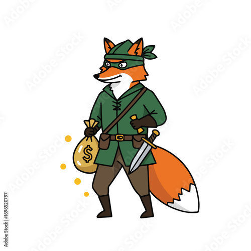 A fox cartoon character in a green outfit with a mask holds a money bag