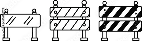 Set of road construction barriers in different styles for safety and traffic management