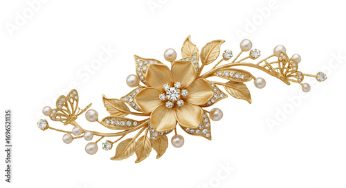 Exquisite Gold Floral Brooch with Pearls and Butterflies
