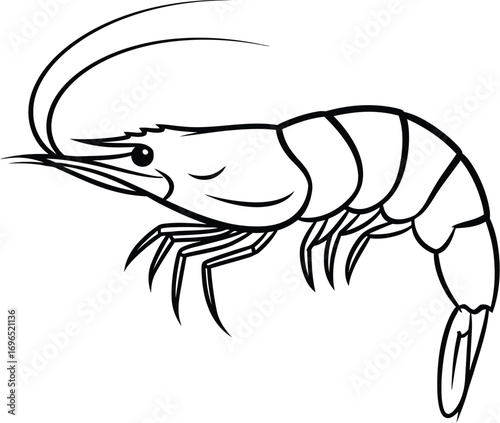 Simple line drawing of a shrimp on a white background, representing seafood and ocean life.