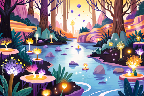 Fantasy enchanted river with glowing magical plants, surreal mystical dream