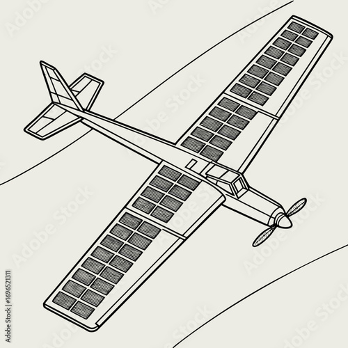 Detailed line drawing of a solar powered airplane with photovoltaic panels covering its wings in flight