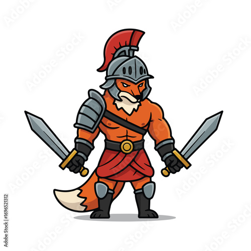 A fox gladiator wearing a helmet armor and a red skirt holding two swords