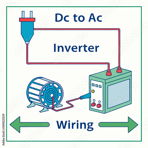 Diagram illustrating a dc to ac inverter converting direct current electricity to alternating current for a motor