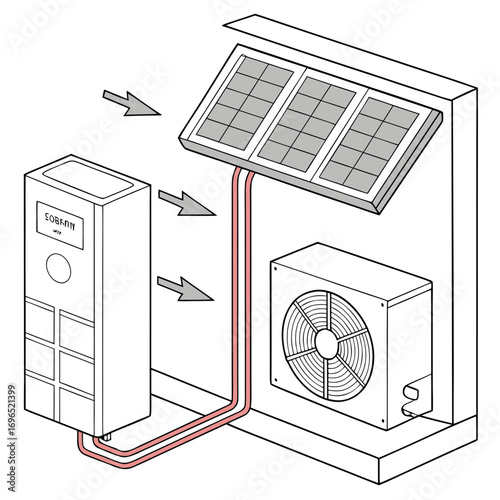 Diagram illustrating a solar powered air conditioning system with solar panels connected to an outdoor unit and indoor control panel