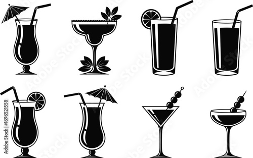 Collection of refreshing alcoholic and non-alcoholic drinks in various glasses, perfect for a party or celebration.