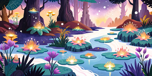 Fantasy enchanted river with glowing magical plants, surreal mystical dream