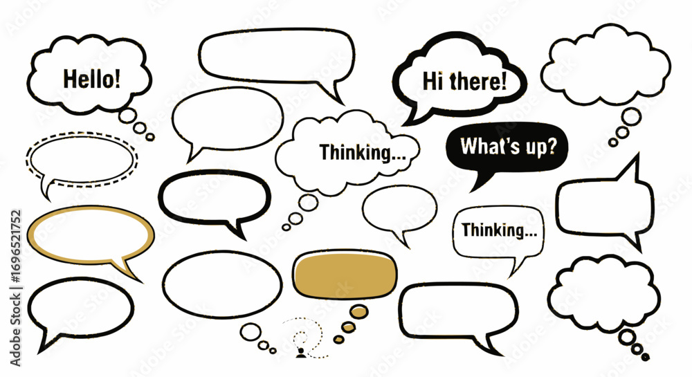 Fototapeta premium A collection of various speech bubbles and thought balloons, some with text inside, in black, white, and gold colors, arranged on a white background.