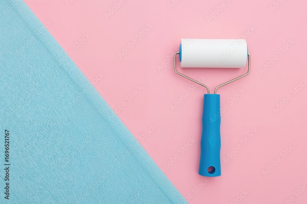Obraz premium Blue-handled lint roller with paper sheet on a pink backdrop for removing dust, pet hair, and lint from textiles. Space available for text.