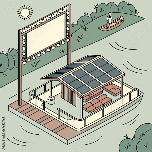 Floating outdoor cinema on a solar powered boat with comfortable seating and a person in a canoe nearby
