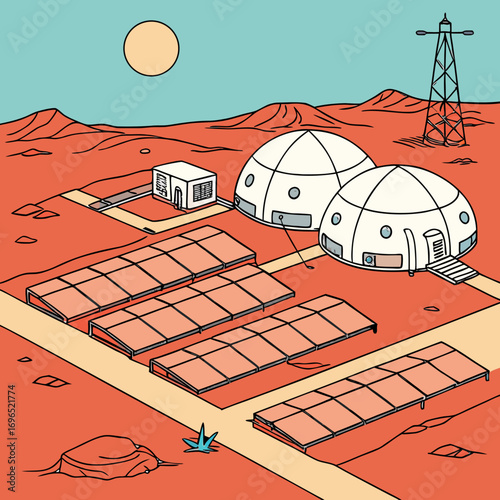 Futuristic martian settlement with dome habitats solar panels and communication tower under a pale sun