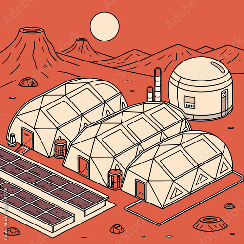Futuristic martian colony with geodesic domes and solar panels under a large sun