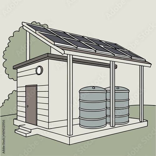 Illustration of a small building with solar panels on the roof and two large water tanks underneath the overhang