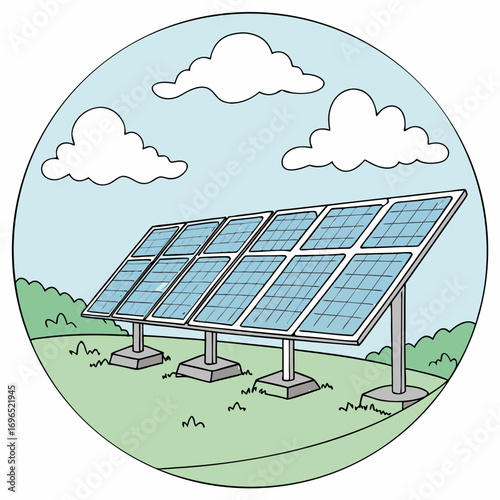 Illustration of a solar panel array on a grassy field under a blue sky with fluffy white clouds