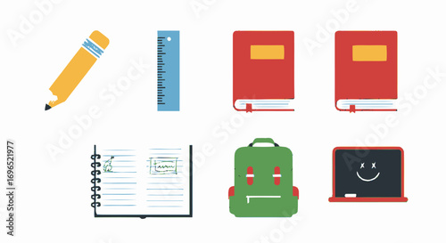 Flat lay illustration of school supplies including a pencil, ruler, books, notebook, backpack, and chalkboard with a smiley face.