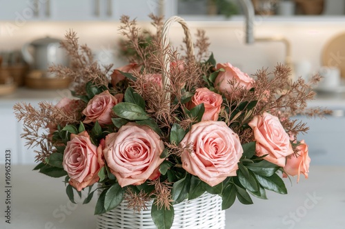 Wallpaper Mural Sophisticated arrangement of pink dried roses and vibrant green foliage in a white wicker container, displayed in a gently illuminated kitchen setting, perfect for festive decoration with plenty of Torontodigital.ca