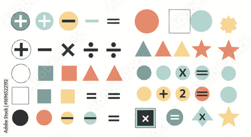 Illustration of mathematical symbols and geometric shapes arranged in rows and columns, featuring addition, subtraction, multiplication, division, equals, ci...