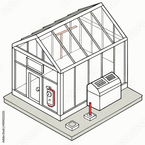 Isometric illustration of a greenhouse structure with internal heating and ventilation systems visible