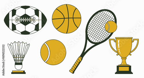 A collection of sports equipment icons including a football, basketball, tennis ball, racket, shuttlecock, and a trophy, all in a flat vector style.