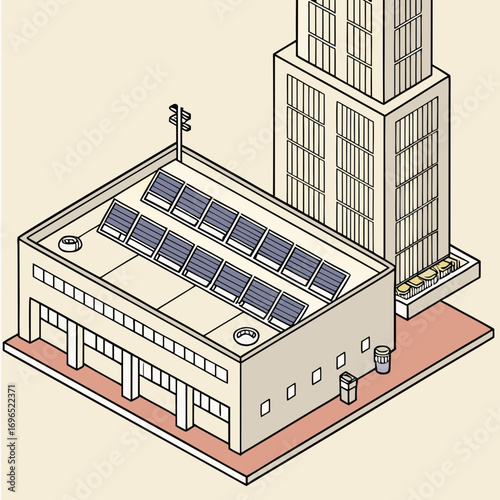 Isometric illustration of a modern building with solar panels on the roof and a taller skyscraper in the background